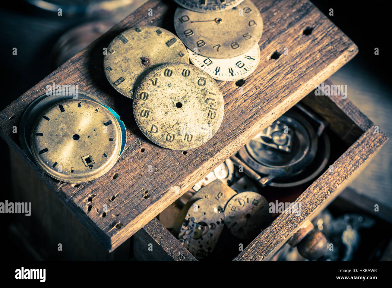 Vintage Watchmaker S Room Full Of Clocks Stock Photo