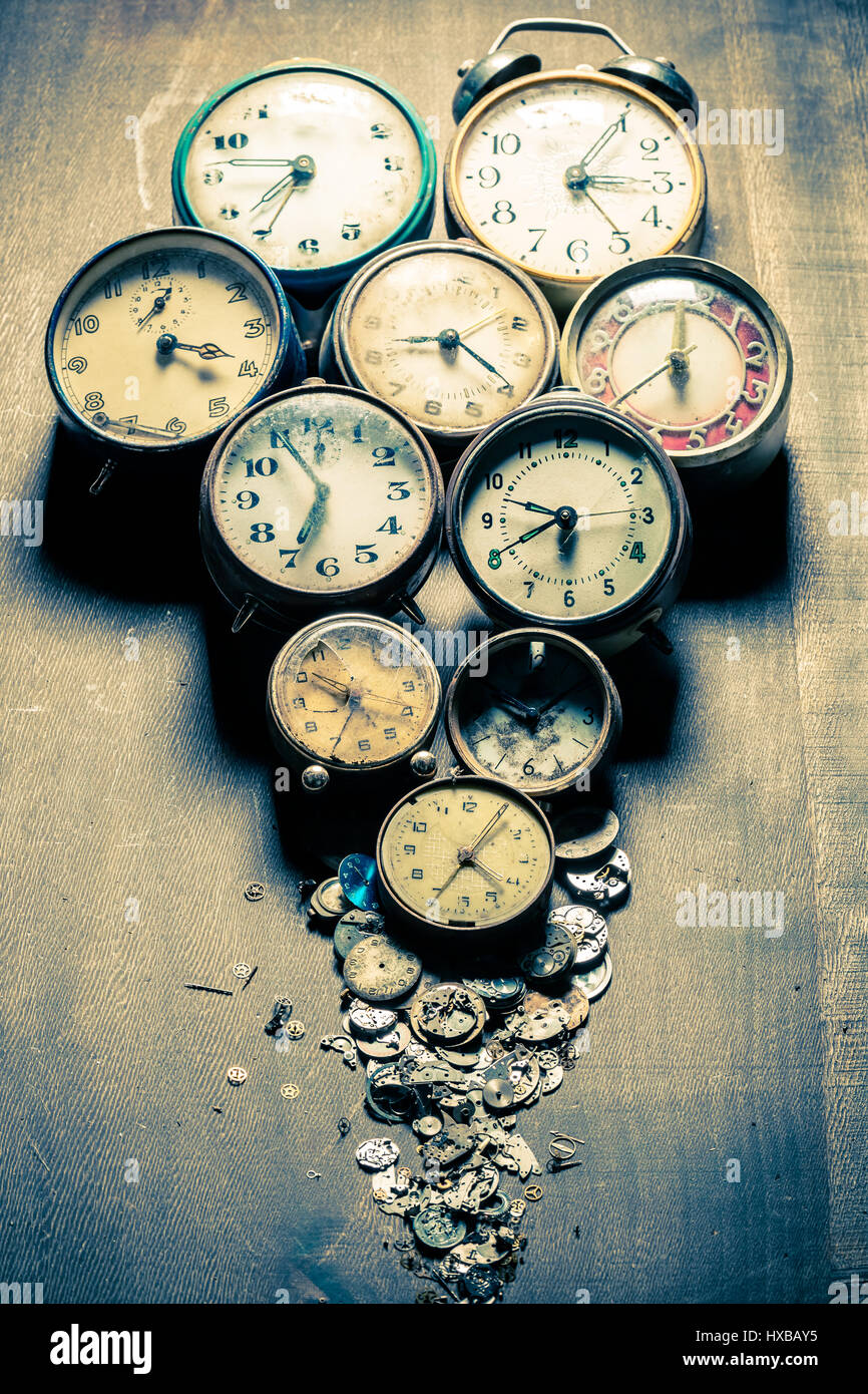 Damaged clocks and the parts Stock Photo Alamy