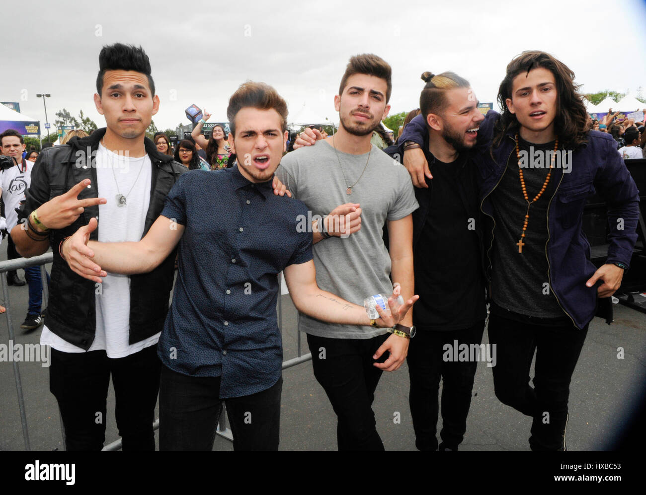 Los 5 backstage portrait at the 2015 KIIS FM Wango Tango Village Stage at the StubHub Center on May 9th, 2015 in Carson, California. Stock Photo