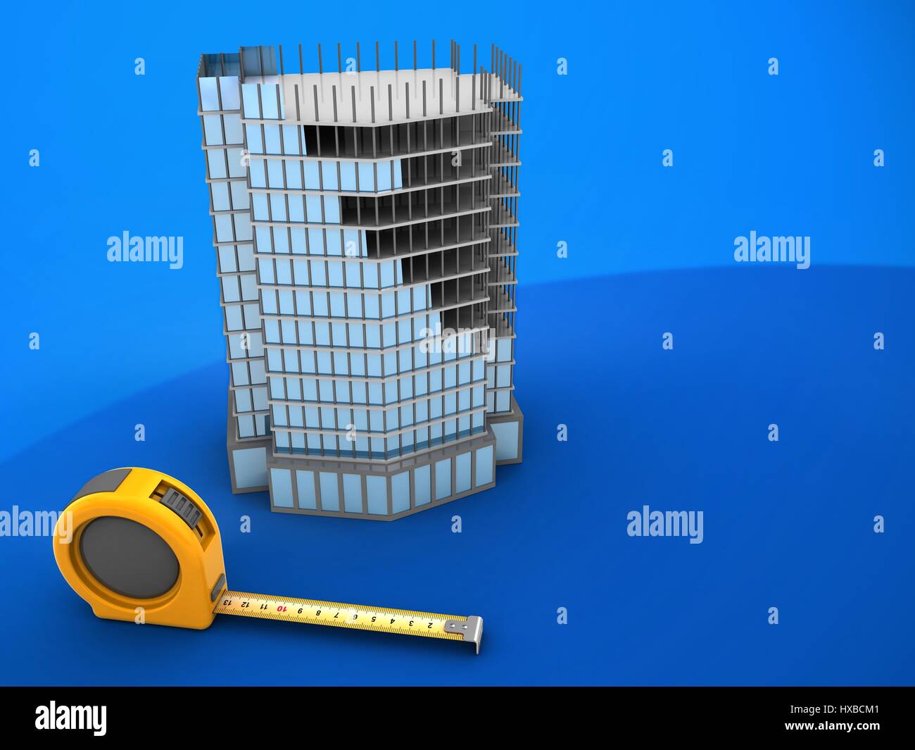 3d illustration of building construction and ruler over blue background ...