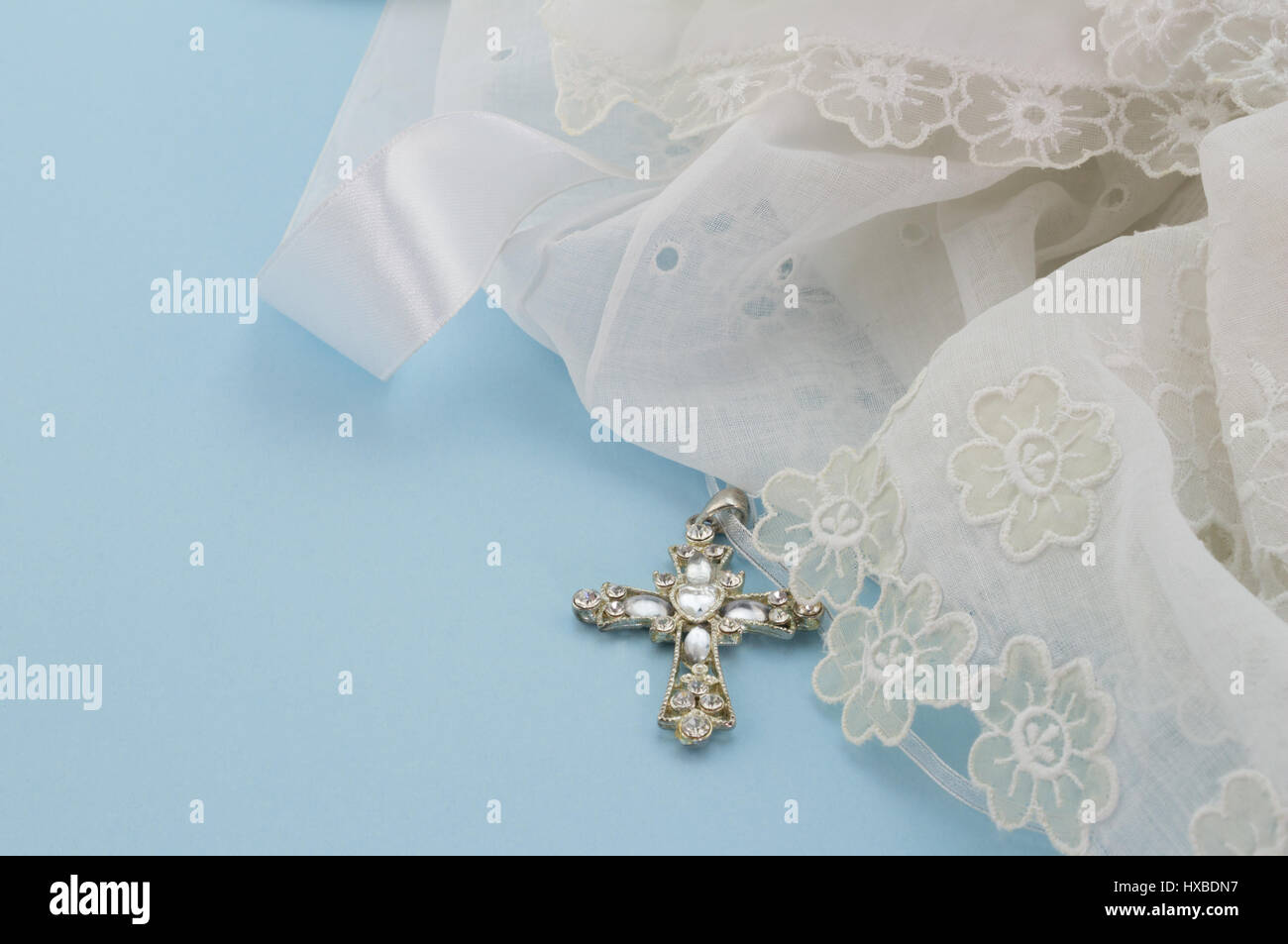 Vintage lace christening gown with Christian silver and crystal cross