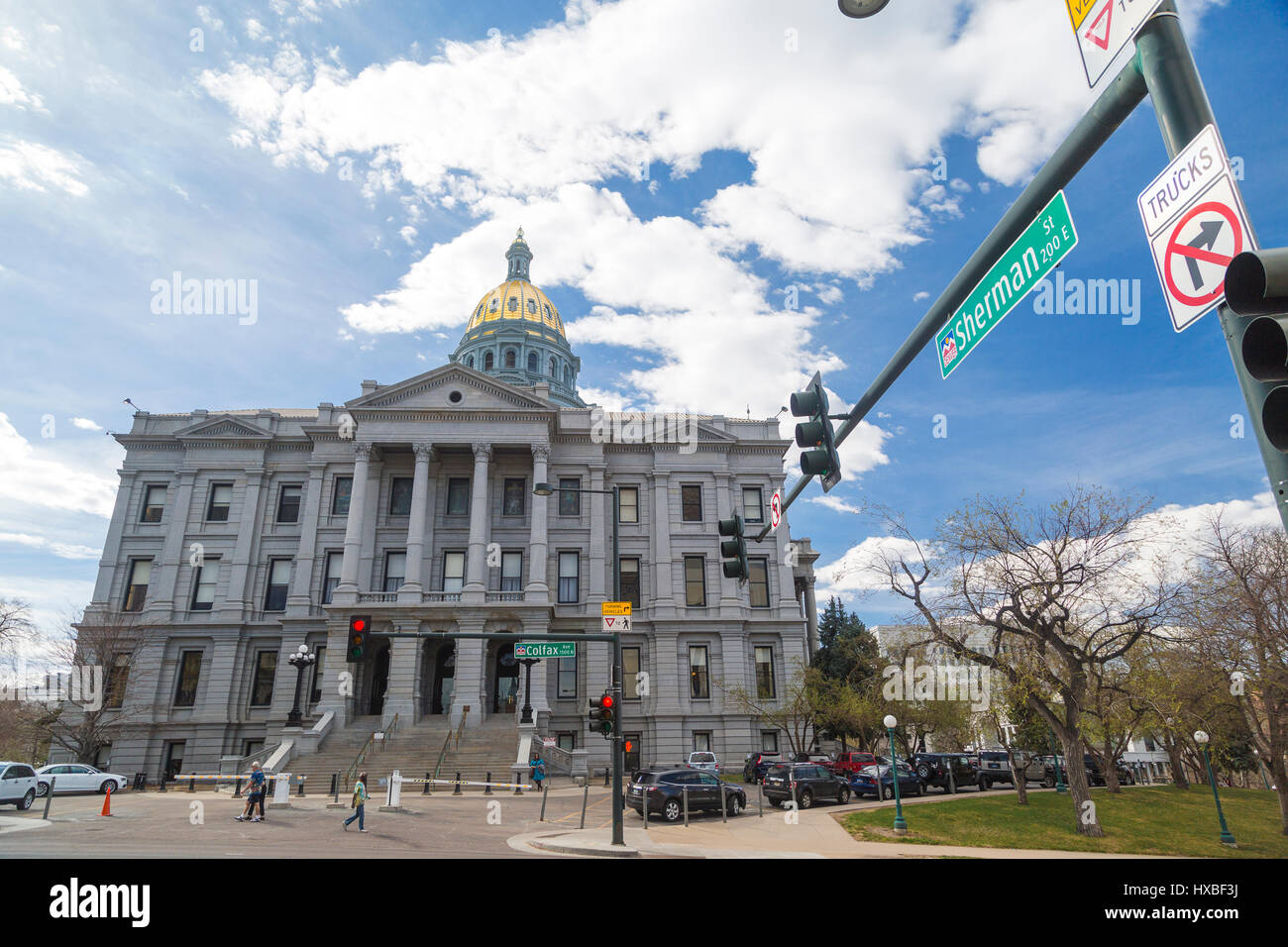The state capitol building exterior wide angle view with the Sherman and Colfax Street signs in Denver, Colorado Stock Photo
