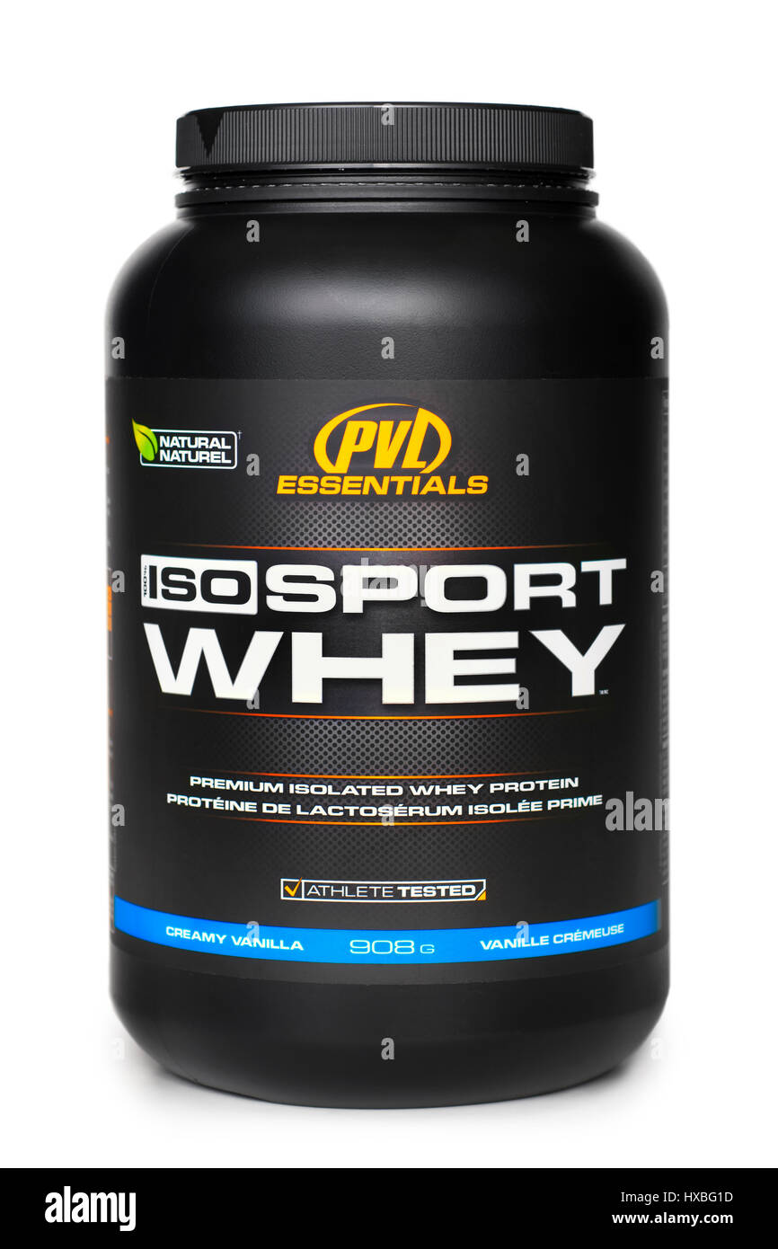 Whey Protein Isolate, Jar of Isolated Whey Protein Powder, Bodybuilding Supplements Stock Photo