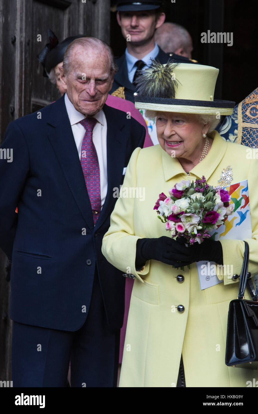 HRH Prince Philip and HM The Queen, Queen Elizabeth II, Westminster Abbey, leaving the Commonwealth Day service, London, England, United Kingdom Stock Photo