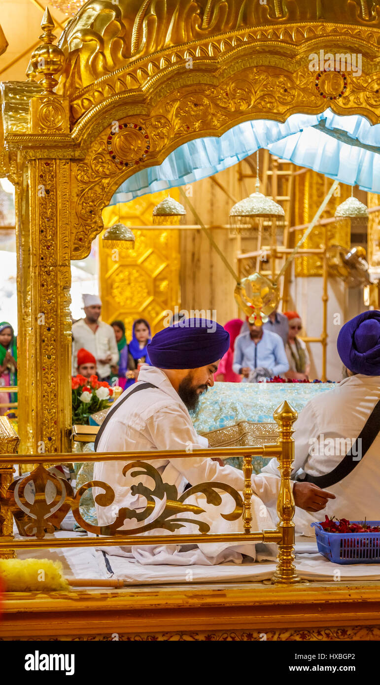 Sikh priest wearing a blue turban in Gurudwara Bangla Sahib, a Sikh temple in New Delhi, capital city of India, near Connaught Place Stock Photo