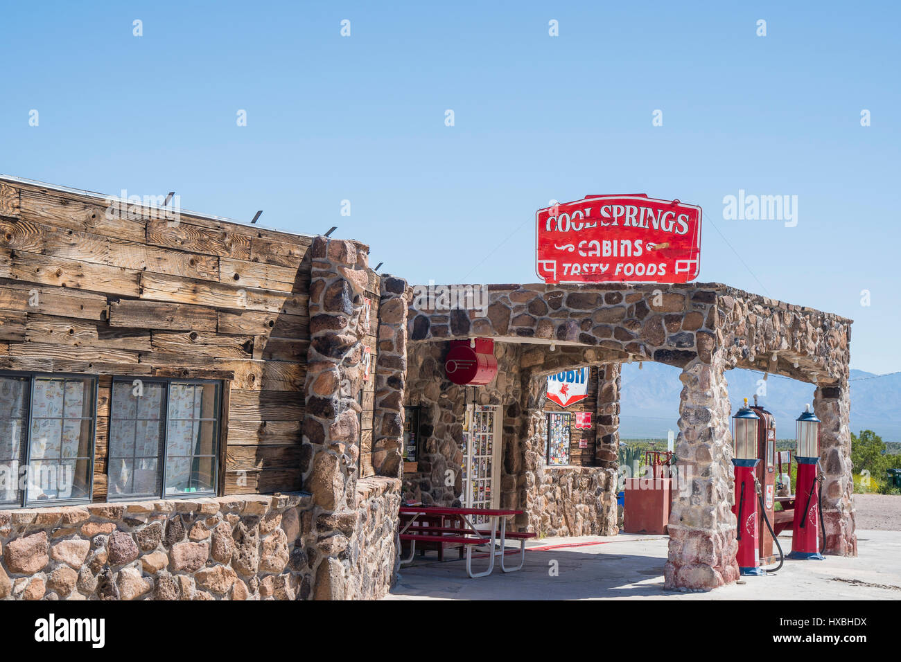 Cool Springs, Arizona is a one building place that has a cafe, museum, gift shop and old gas station. Generally it is not open, but being on route 66  Stock Photo