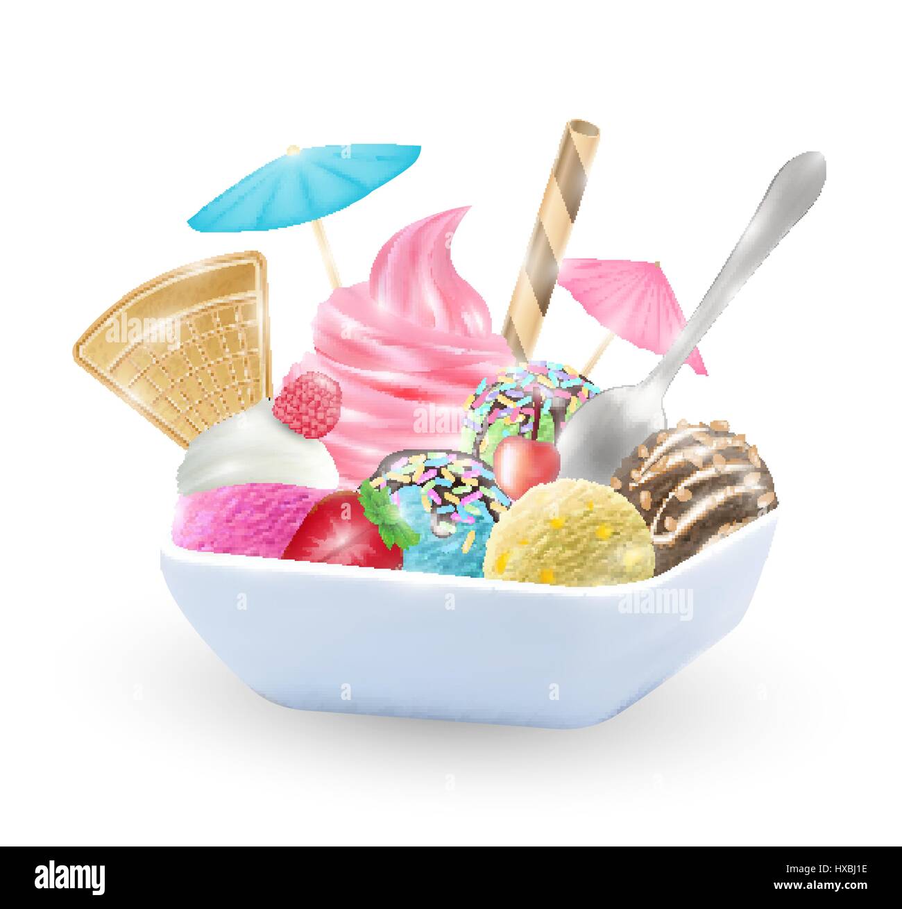 set of real chocolate lemon mango strawberry and mint  ice cream on a dish Stock Vector