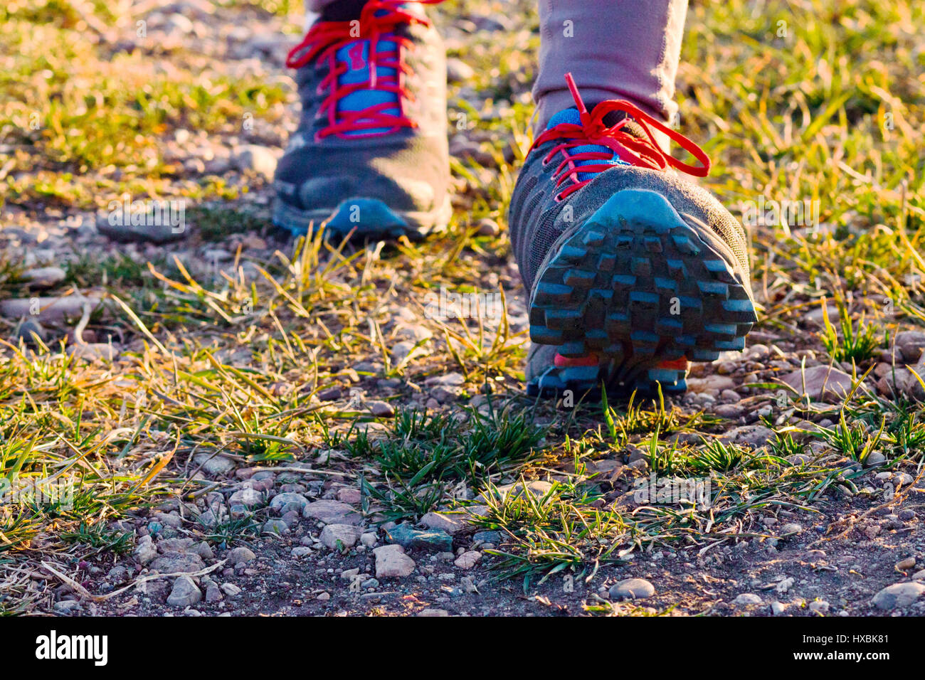 Cross-country trail running people at sunset. Runner couple exercising outside as part of healthy lifestyle Stock Photo