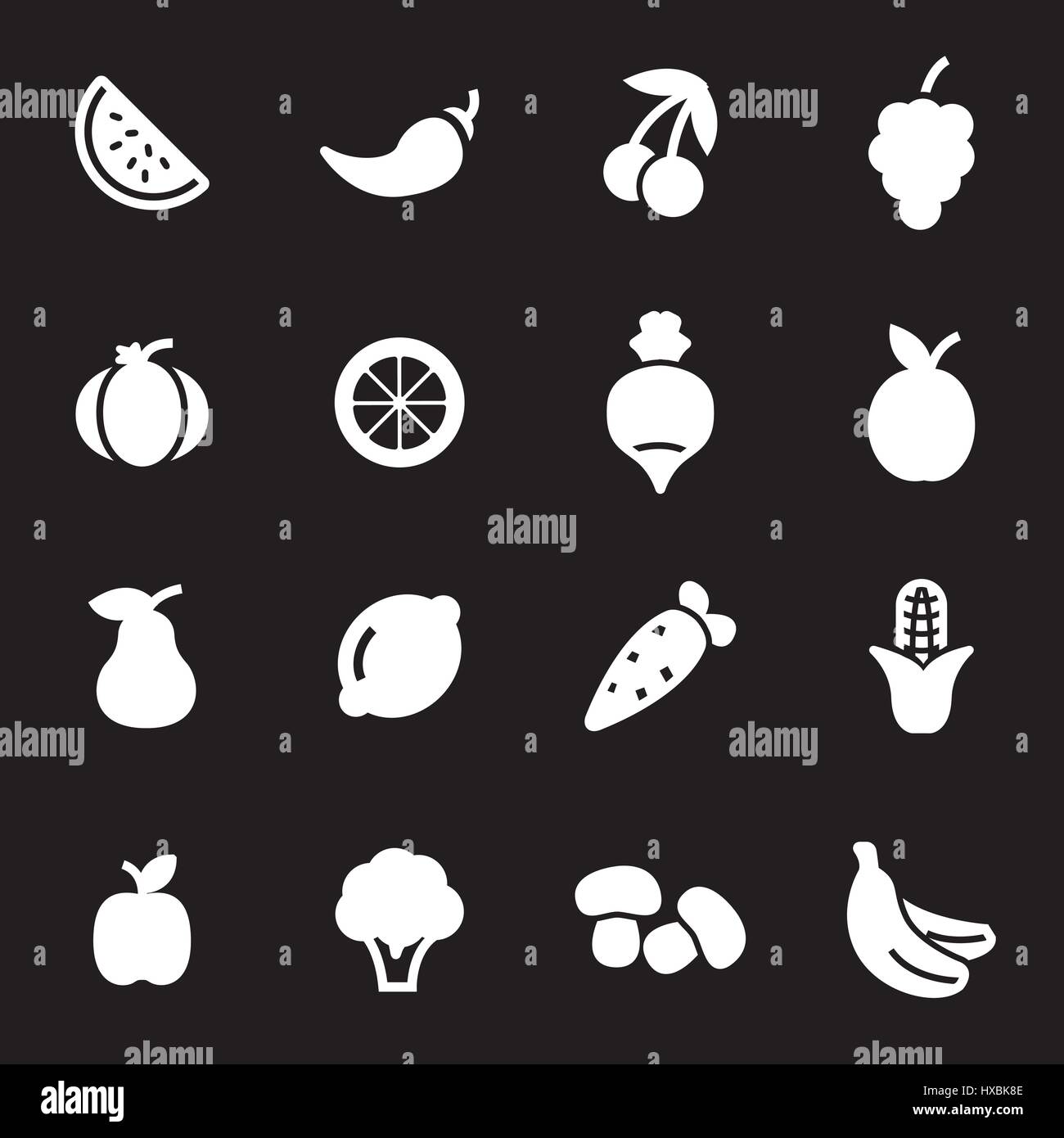 Vector white fruit and vegetables icons set Stock Vector