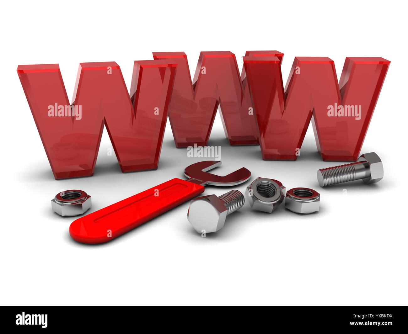 3d illustration of text 'www' with wrench and nuts, over white background Stock Photo