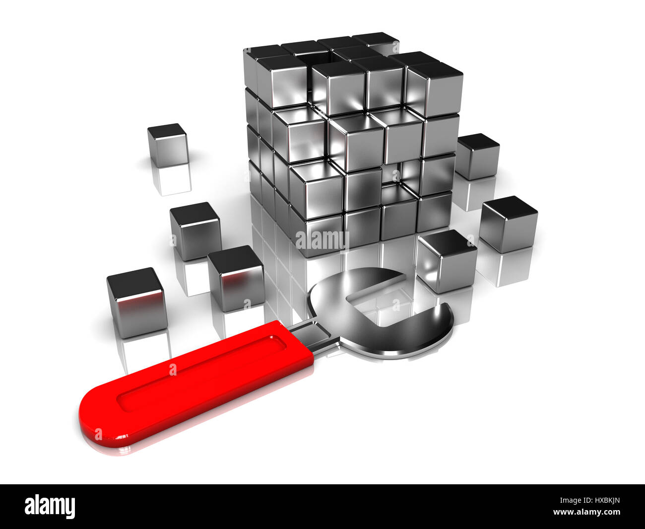abstract 3d illustration of steel blocks puzzle with wrench Stock Photo