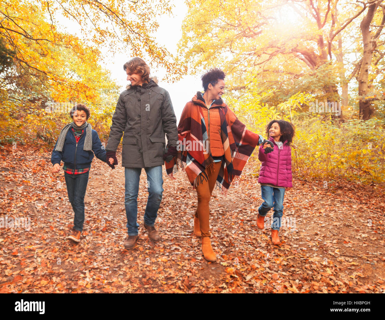 Young family holding hands and walking in autumn woods Stock Photo