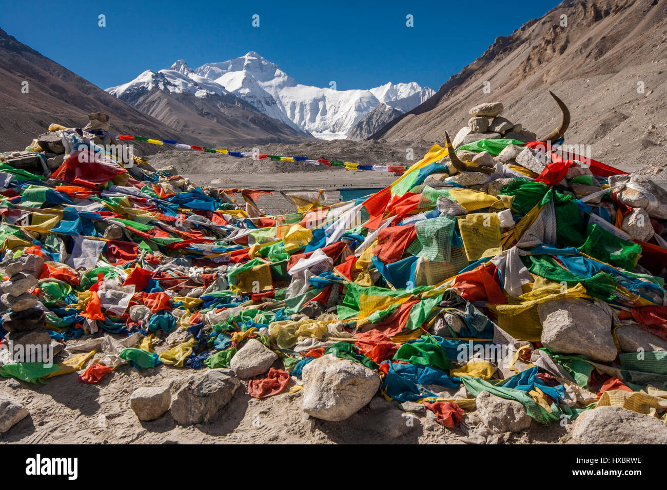 The North Face of Mount Everest and Tibetan prayer flags Stock Photo