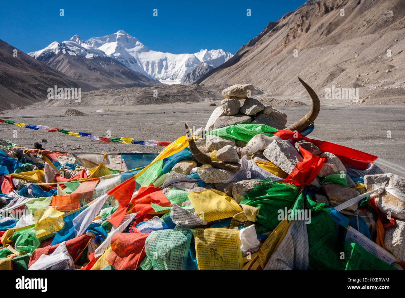 The North Face of Mount Everest and Tibetan prayer flags Stock Photo