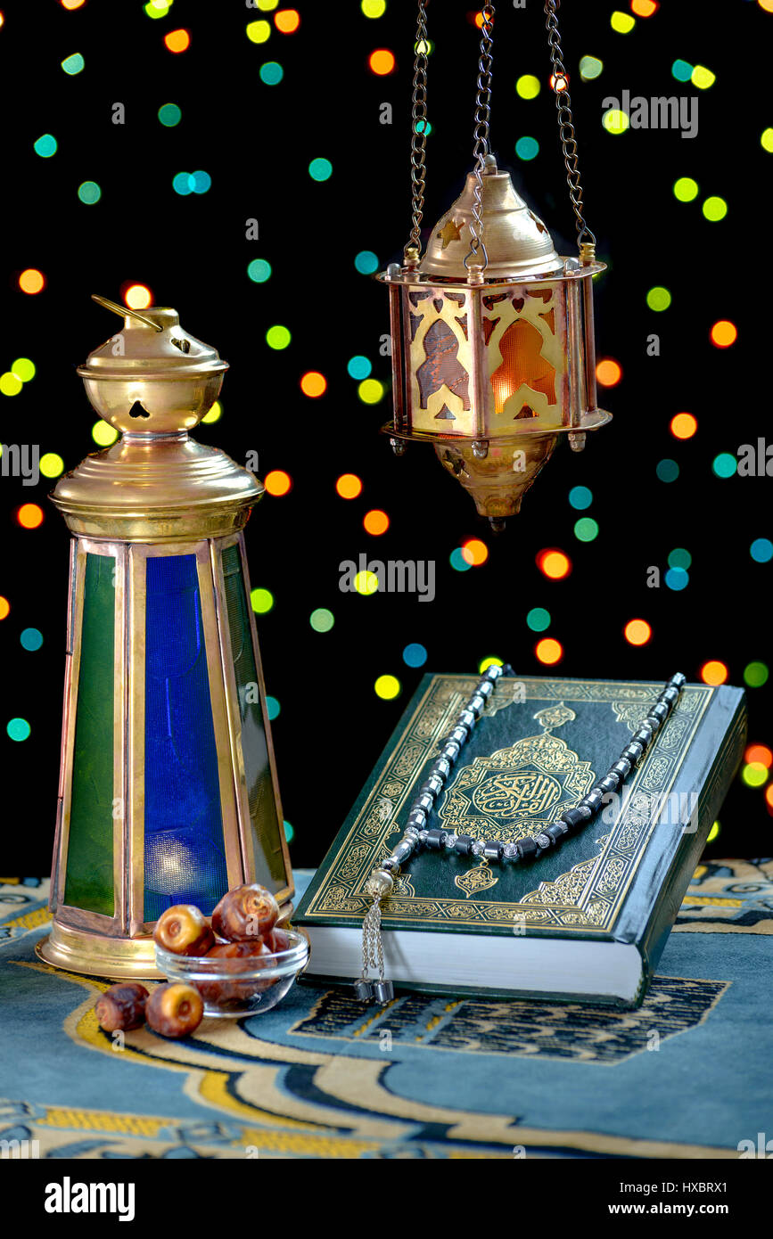 Traditional Ramadan Objects Over Defocused Lights Background Stock Photo