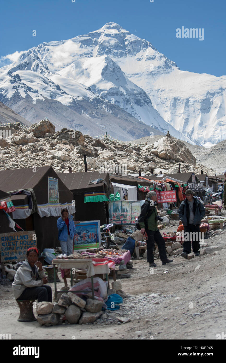 Tent shops at the Tourist North Base Camp of Mount Everest Stock Photo