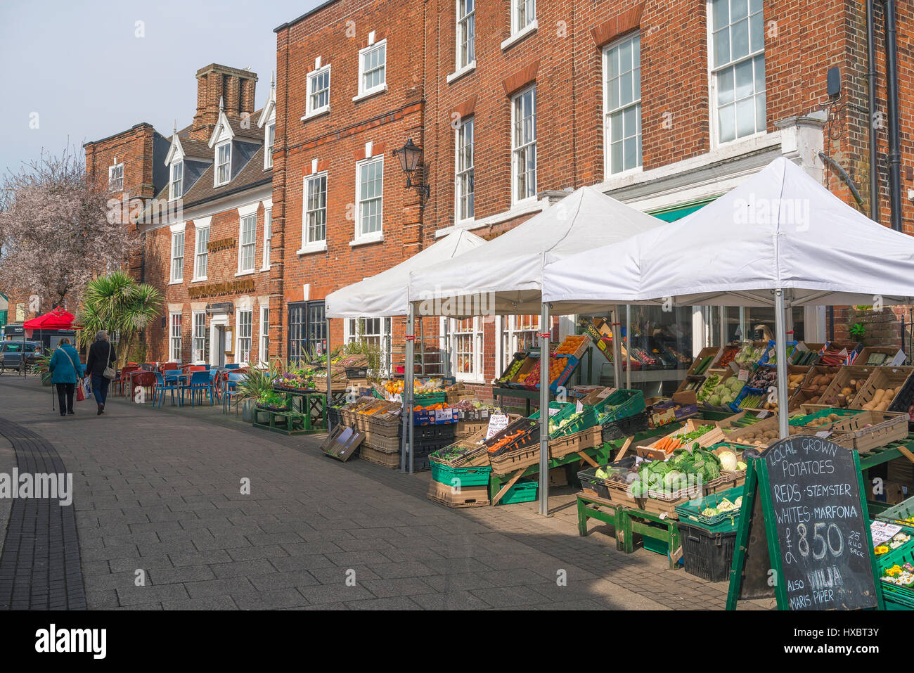 Beccles Suffolk, a grocer's stall in the market thoroughfare of New Market in the centre of the Suffolk town of Beccles, UK. Stock Photo