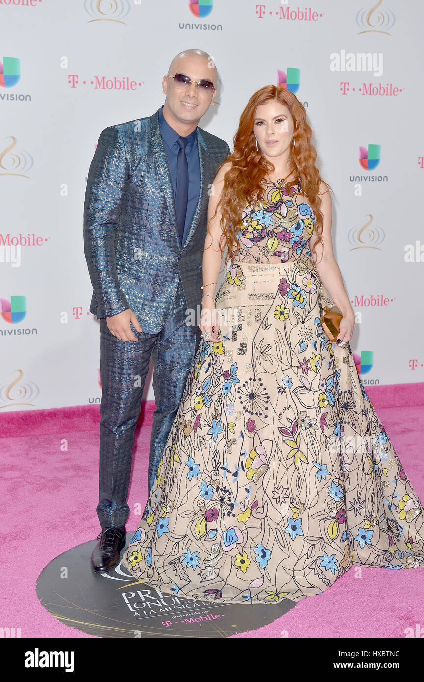 Wisin and Yomaira Ortiz attending Univision's 29th Edition of Premio Lo Nuestro A La Musica Latina at the American Airlines Arena in Miami, Florida.  Featuring: Wisin, Yomaira Ortiz Where: Miami, Florida, United States When: 23 Feb 2017 Stock Photo