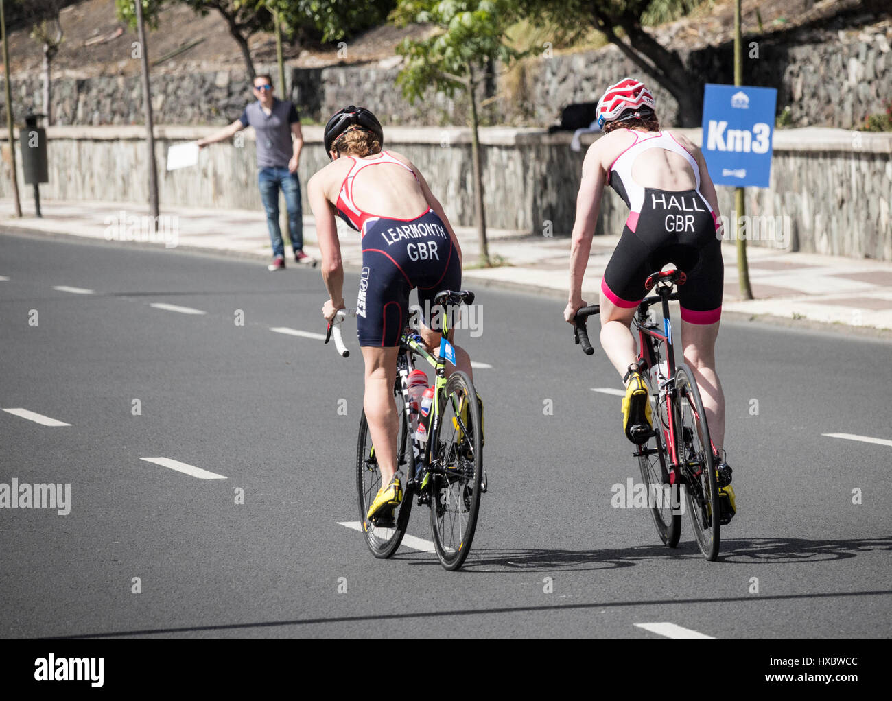 British triathletes Jessica Learmonth (nearest) and Lucy Hall. Stock Photo