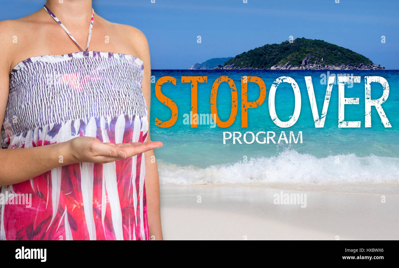 Stopover program concept is presented by woman on the beach. Stock Photo