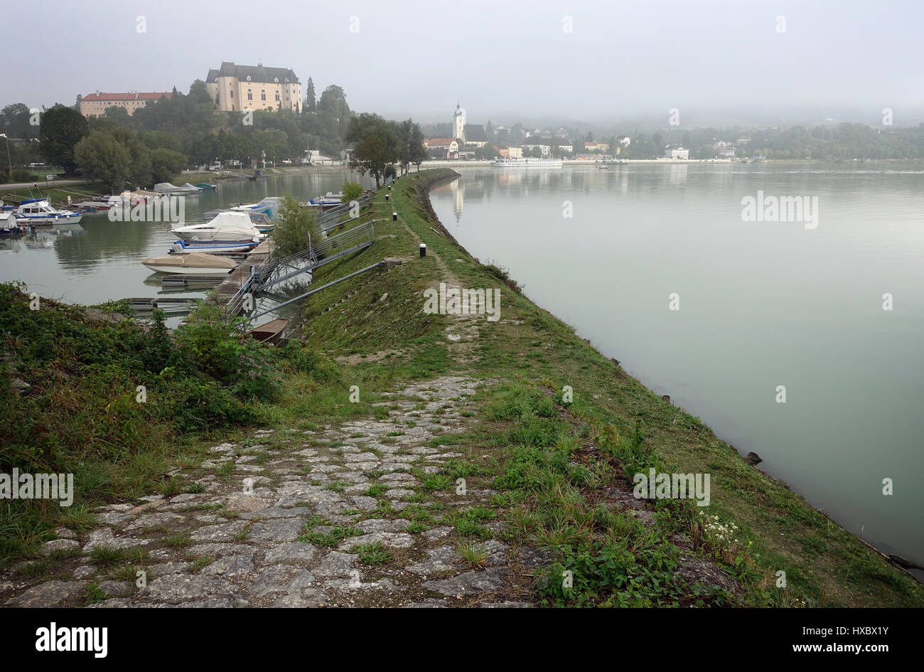 The town of Grein in Austria on a foggy morning. Stock Photo