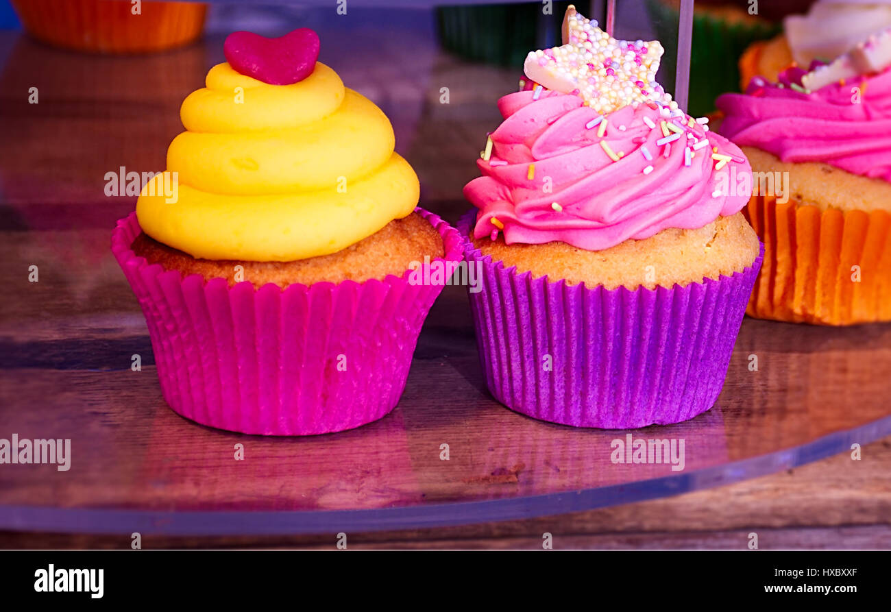 Colourful,traditional cupcakes on street market stall in Stoke on Trent
