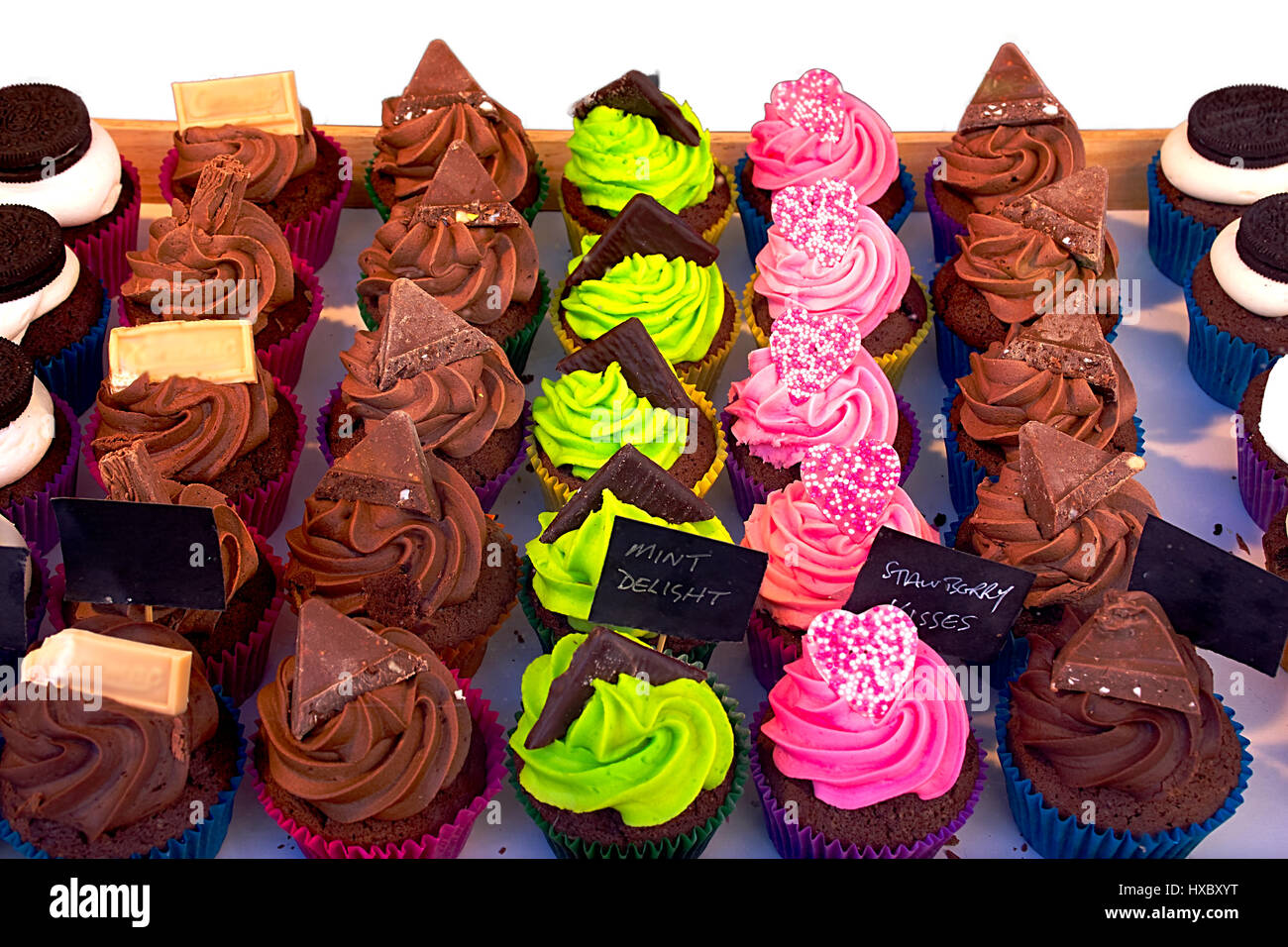 Colourful,traditional cupcakes on street market stall in Stoke on Trent