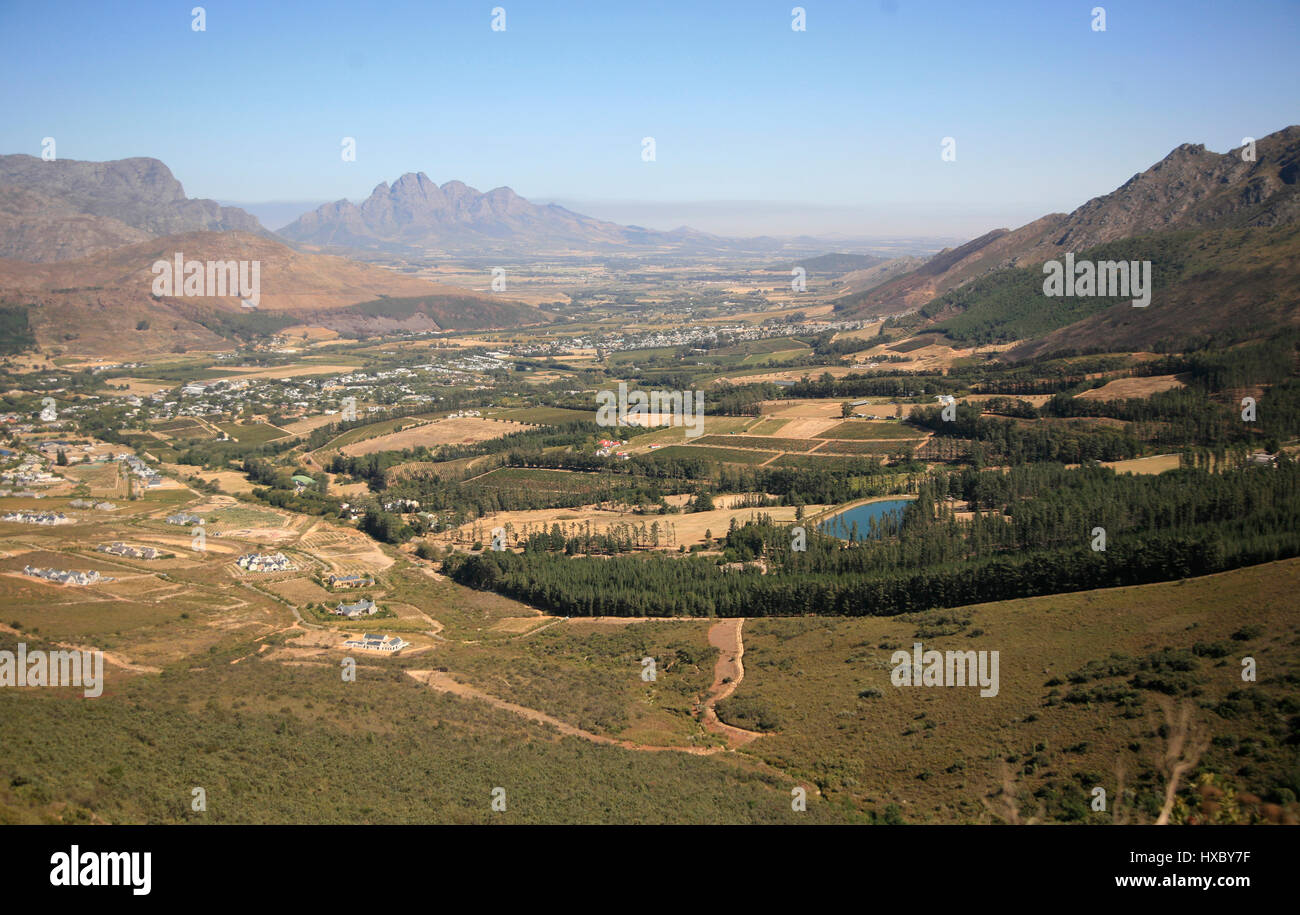 An elevated view shows the Franschhoek Valley, in the Western Cape wine producing area of South Africa March 11, 2017. © John Voos Stock Photo