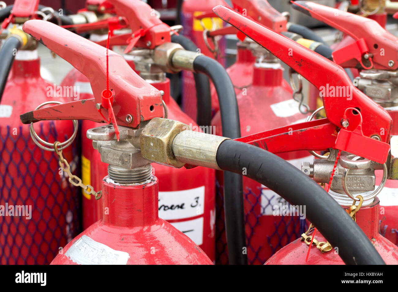 group of fire extinguishers Stock Photo