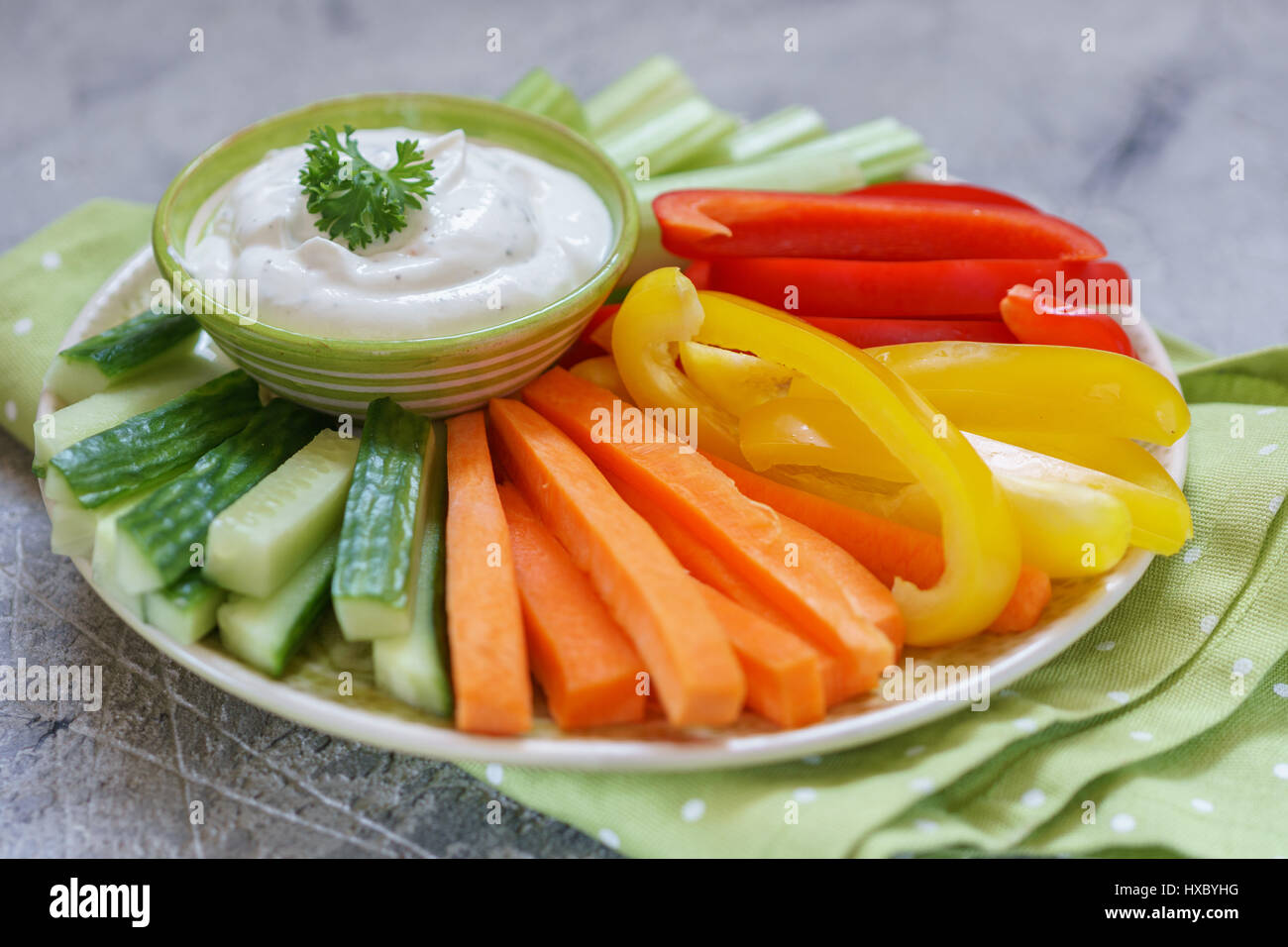 Platter of assorted fresh vegetables with ranch dip Stock Photo Alamy
