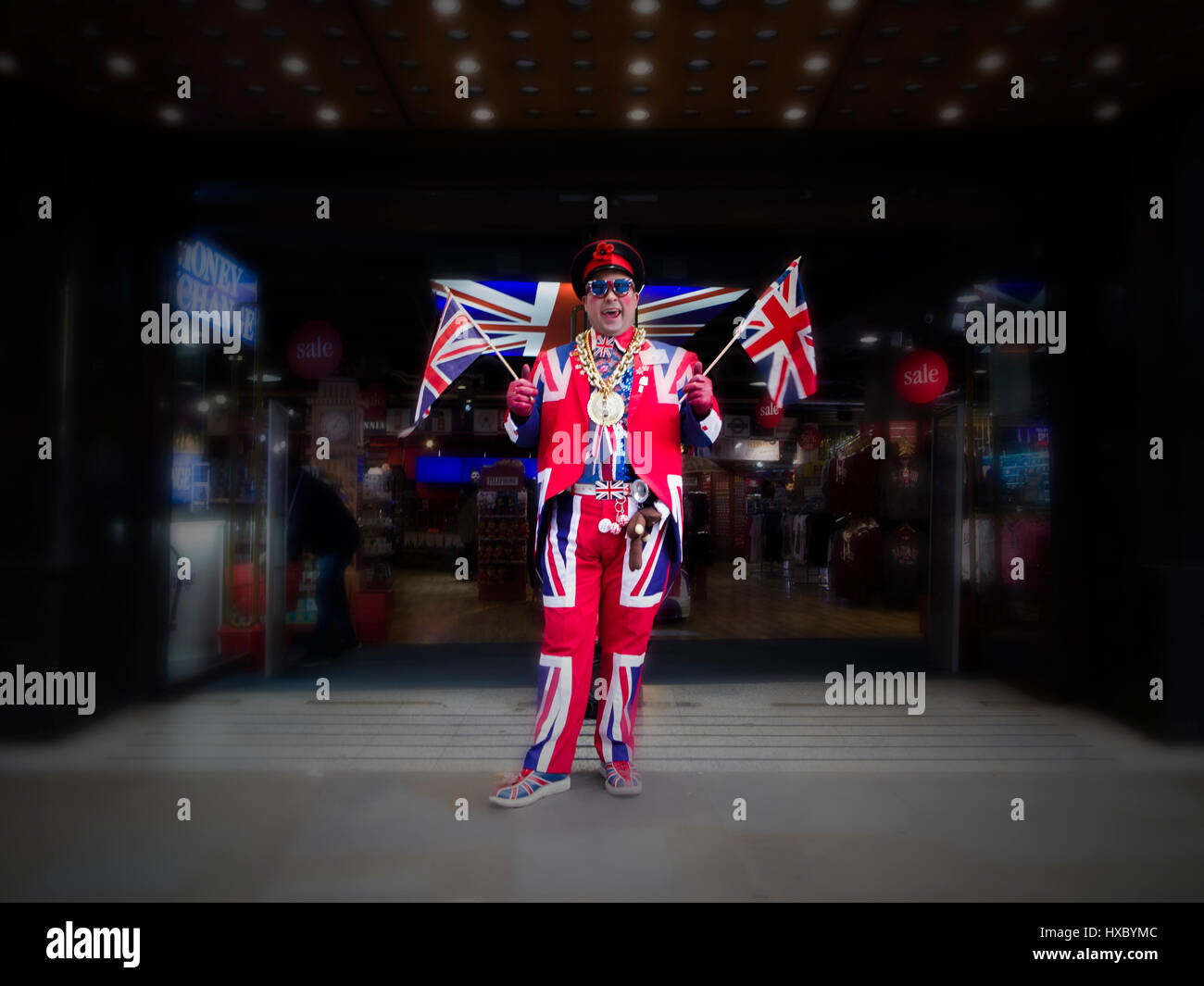 A man dressed in Union Jacks Stock Photo