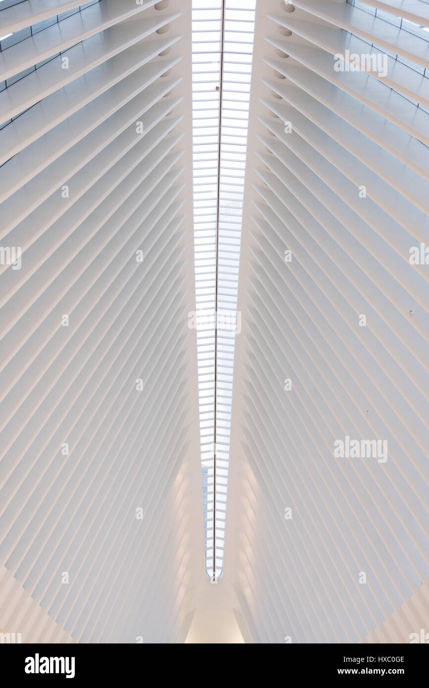 NEW YORK CITY - 1 OCTOBER 2016:  Central spine in the ceiling of Santiago Calatrava's Oculus, the massive transportation centre for underground. Stock Photo