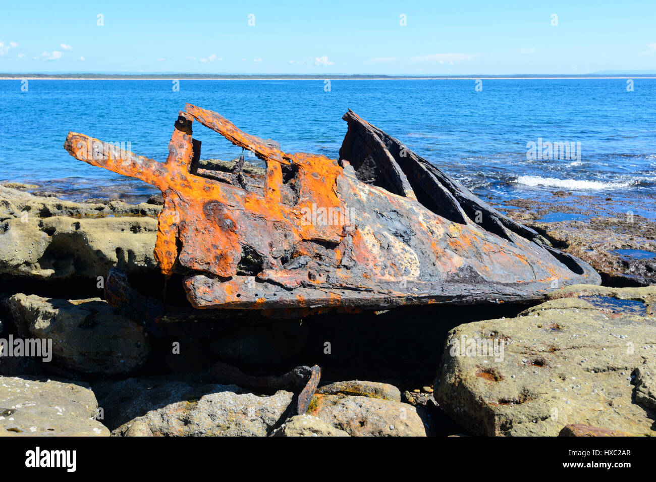 Remains of the steamship SS Merimbula which ran aground at Whale Point in 1928, Currarong, Beecroft Peninsula, Jervis Bay, New South Wales, Australia Stock Photo