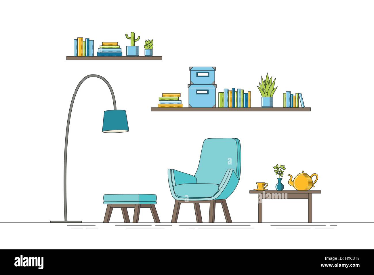 Thin line illustration of a modern living room Stock Vector Image & Art ...