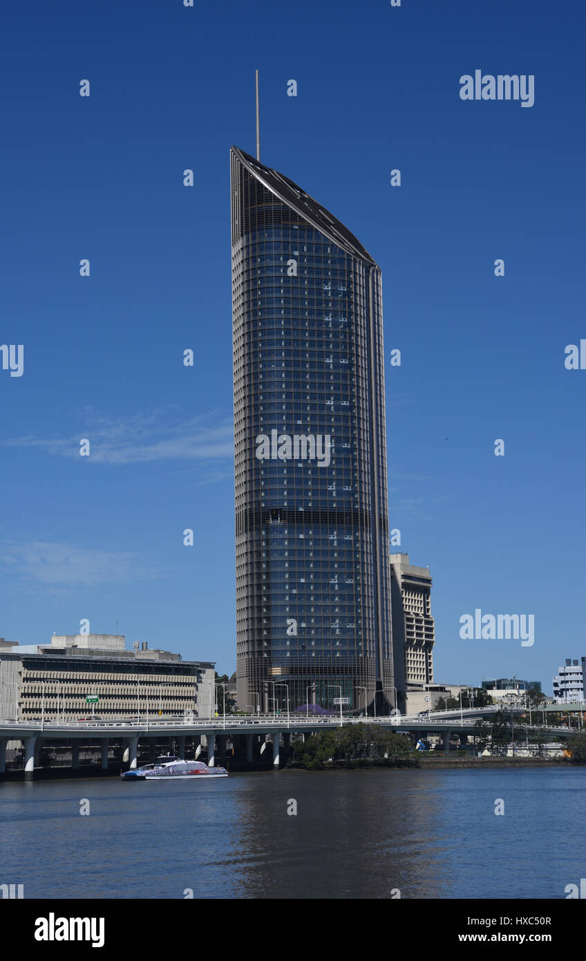 Brisbane, Australia: 1 William Street office tower, home of the Queensland state government, overlooking Brisbane River. Stock Photo