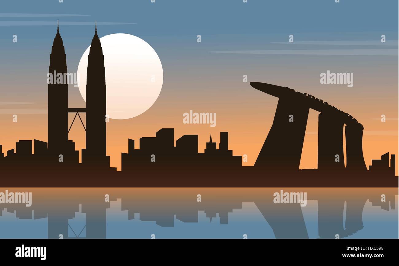 Silhouette of Malaysia Singapore city tour scenery Stock Vector Image ...
