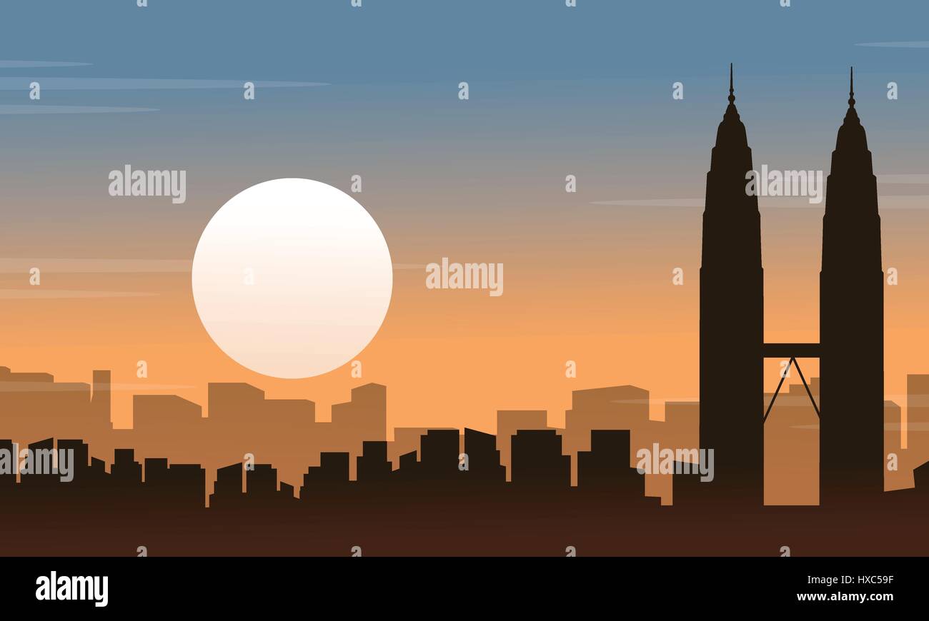Silhouette of Malaysia city landscape at sunrise Stock Vector Image ...