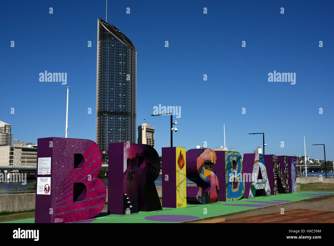 Brisbane, Australia: Brisbane sign at South Bank with the 1 William Street tower block in the background Stock Photo