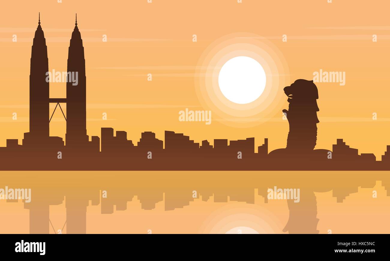 Singapore and Malaysia city beauty landscape silhouettes Stock Vector ...