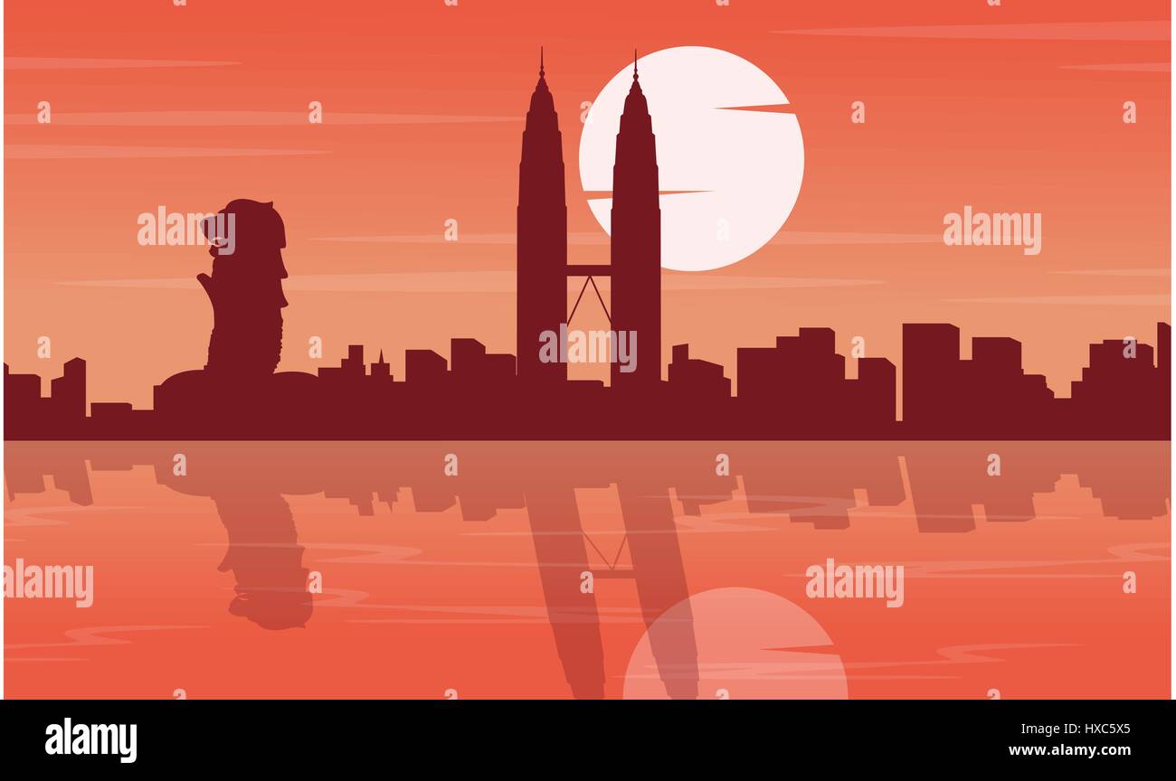 Malaysia and Singapore city tour scenery silhouettes Stock Vector Image ...