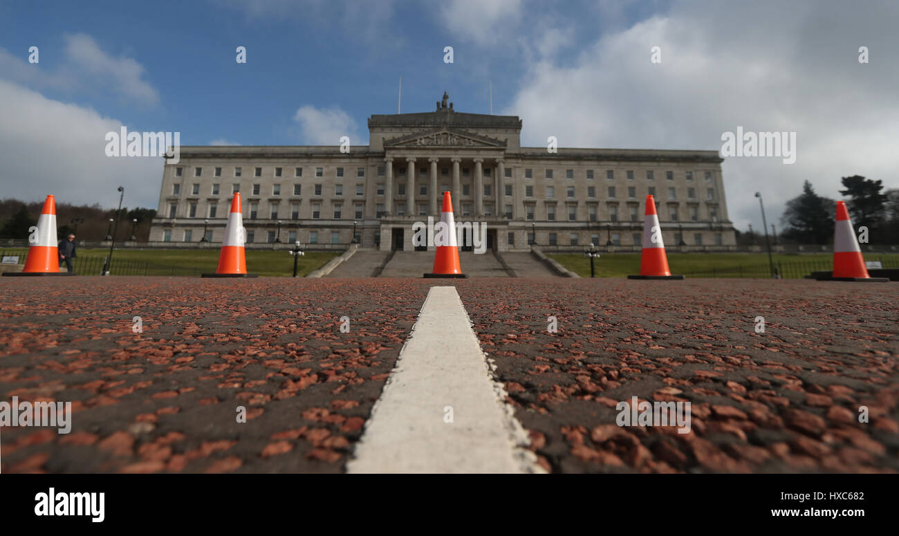 A general view of traffic cones outside Stormont in Belfast, as the