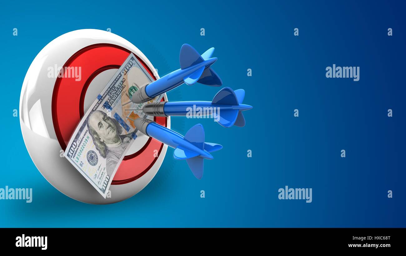 Hit Target Money abstract 3d illustration target hit with arrows and dollar over blue ...