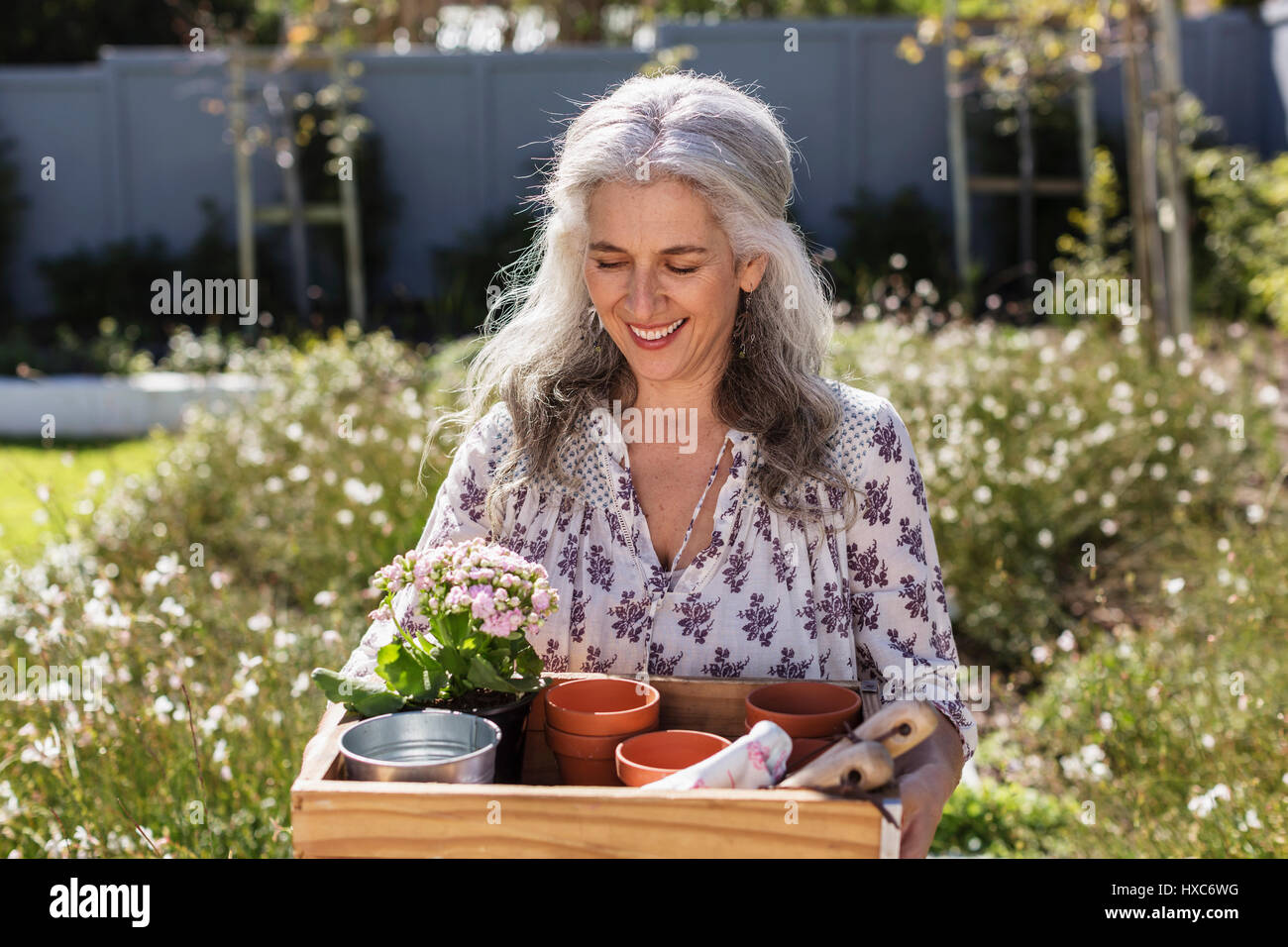 Smiling mature woman carrying gardening tray in sunny garden Stock Photo