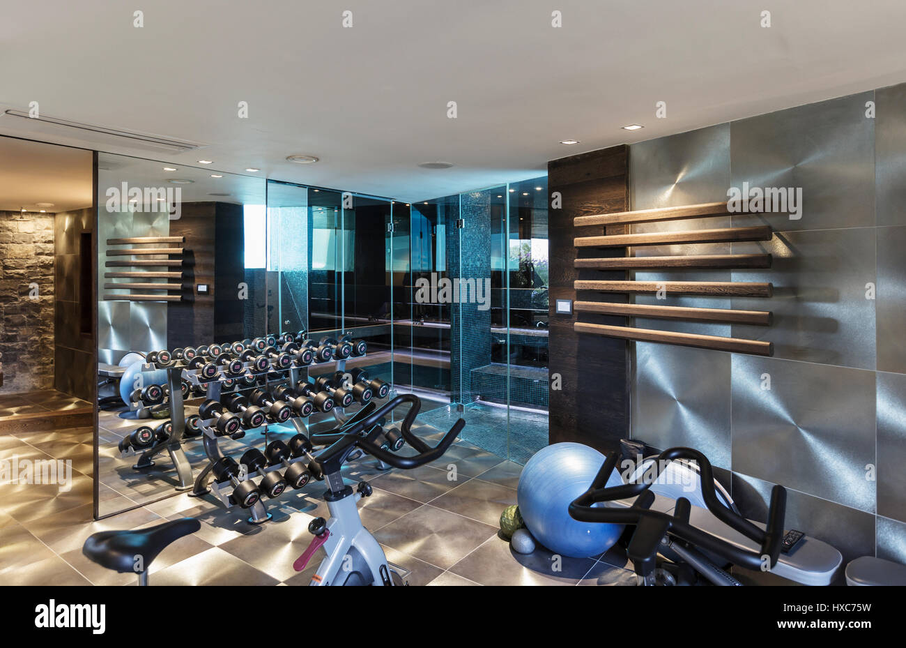 Gym with equipment in modern luxury home showcase interior Stock Photo