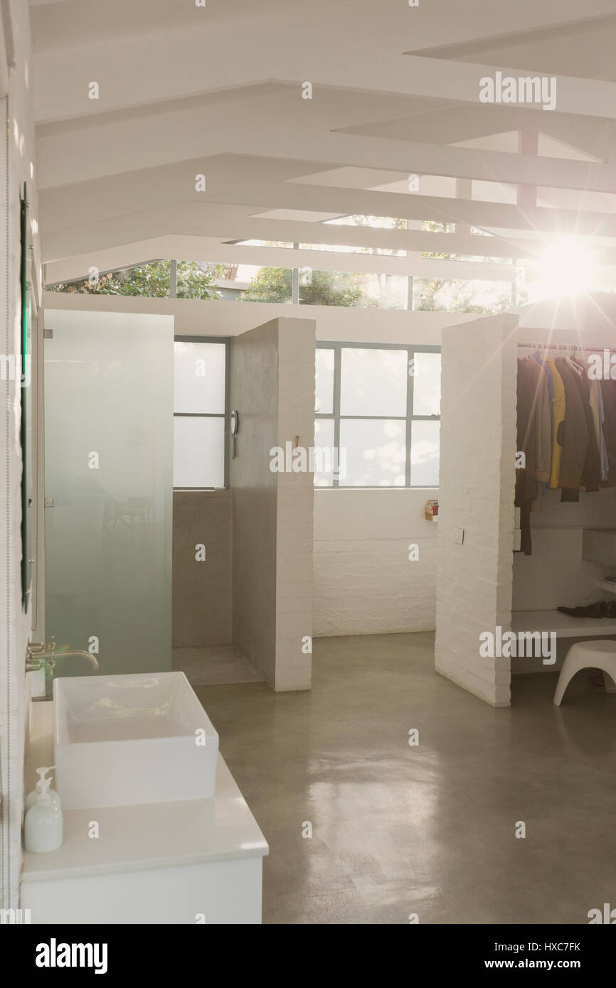 Sunny White Modern Home Showcase Interior Bathroom And Closet With