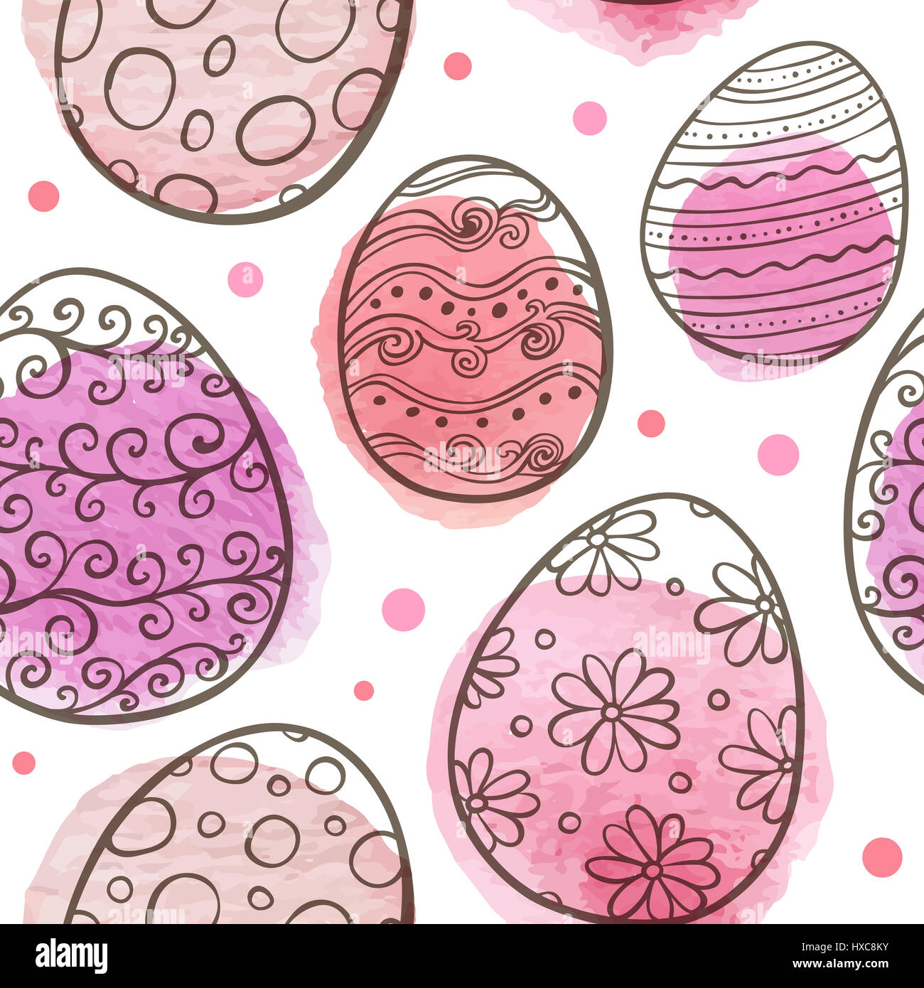 Hand drawn Easter seamless pattern with eggs and pink watercolor blobs ...