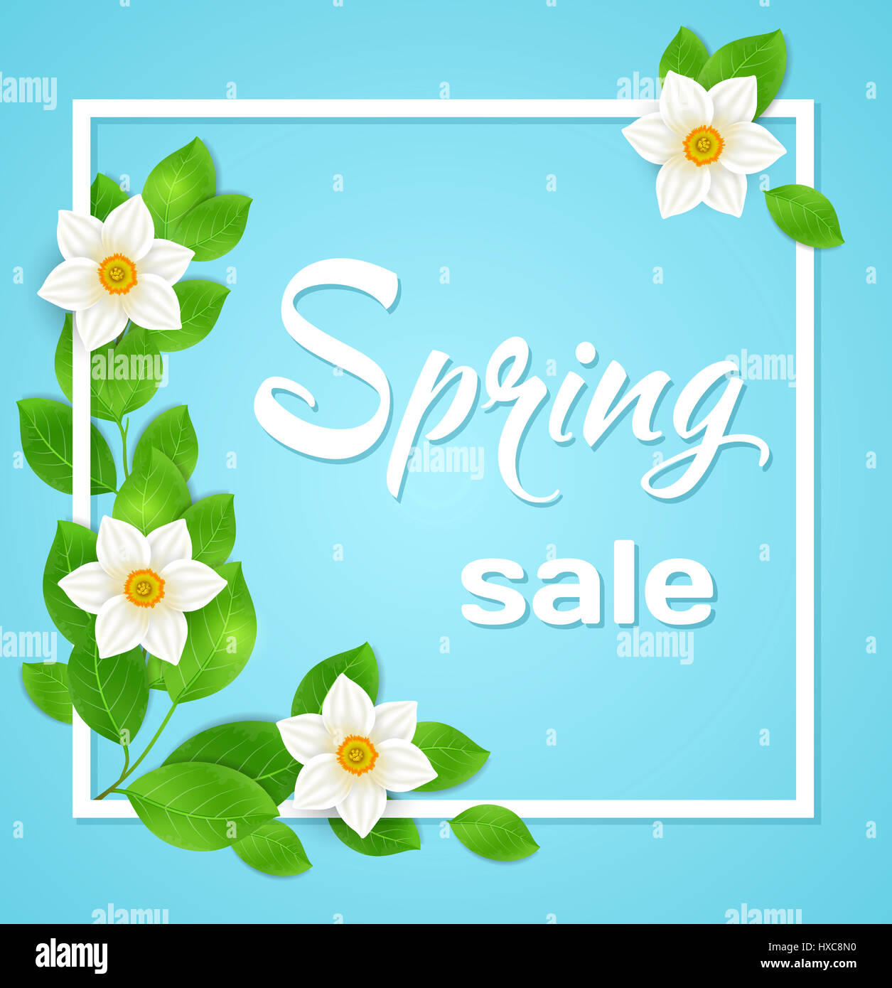Spring blue background with green leaves and flowers in white frame ...