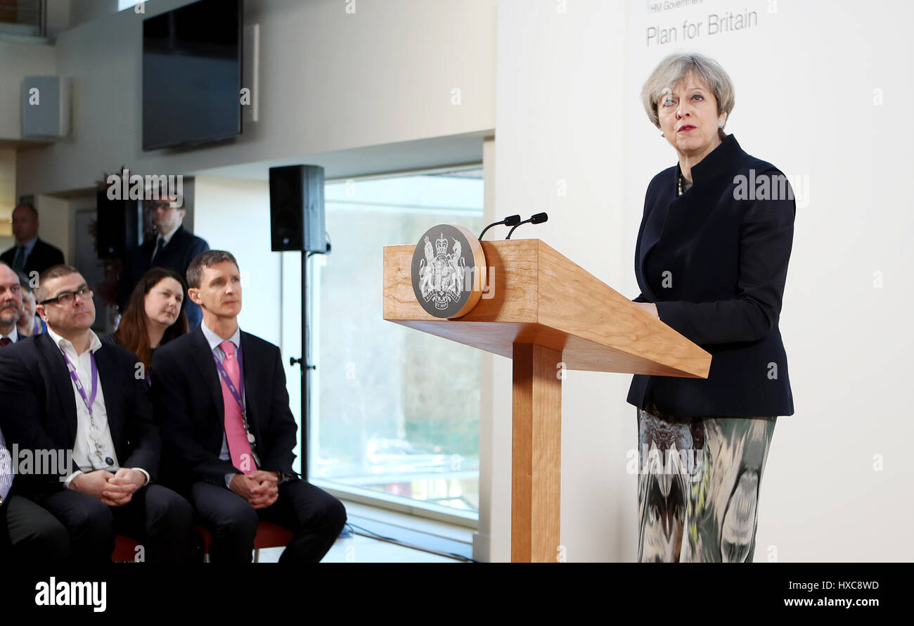 Prime Minister Theresa May gives a speech at the Department for International Development's office at Abercrombie House in East Kilbride during her visit to Scotland. Stock Photo