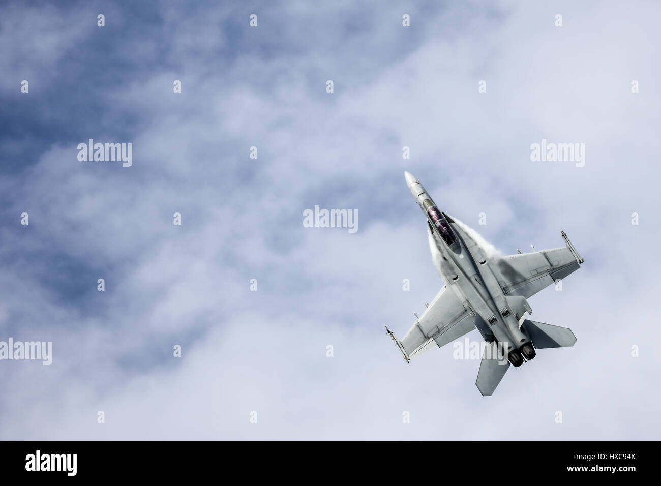 MELBOURNE, AUSTRALIA - MARCH 24: An Royal Australian Air Force FA18F Super Hornet performs in a public display above Melbourne on March 24, 2017 Stock Photo