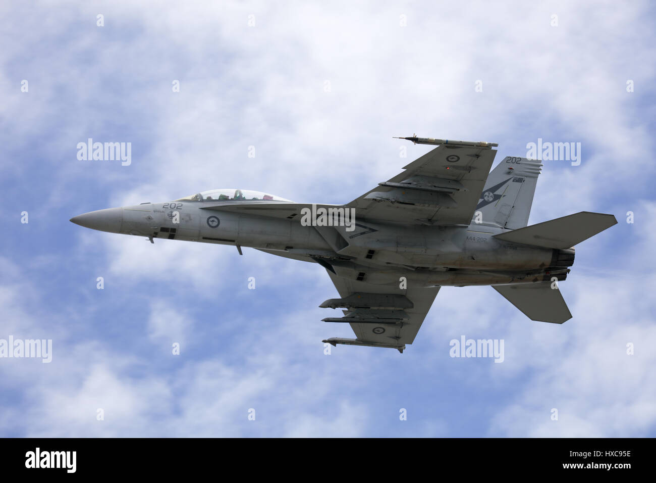 MELBOURNE, AUSTRALIA - MARCH 24: An Royal Australian Air Force FA18F Super Hornet performs in a public display above Melbourne on March 24, 2017 Stock Photo